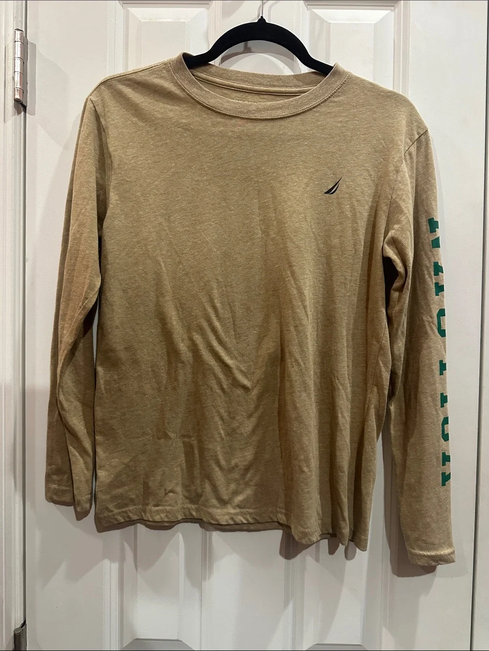 NWOT Kids Nautica Tan Long Sleeve Shirt with Green Sleeve Lettering size 14/16